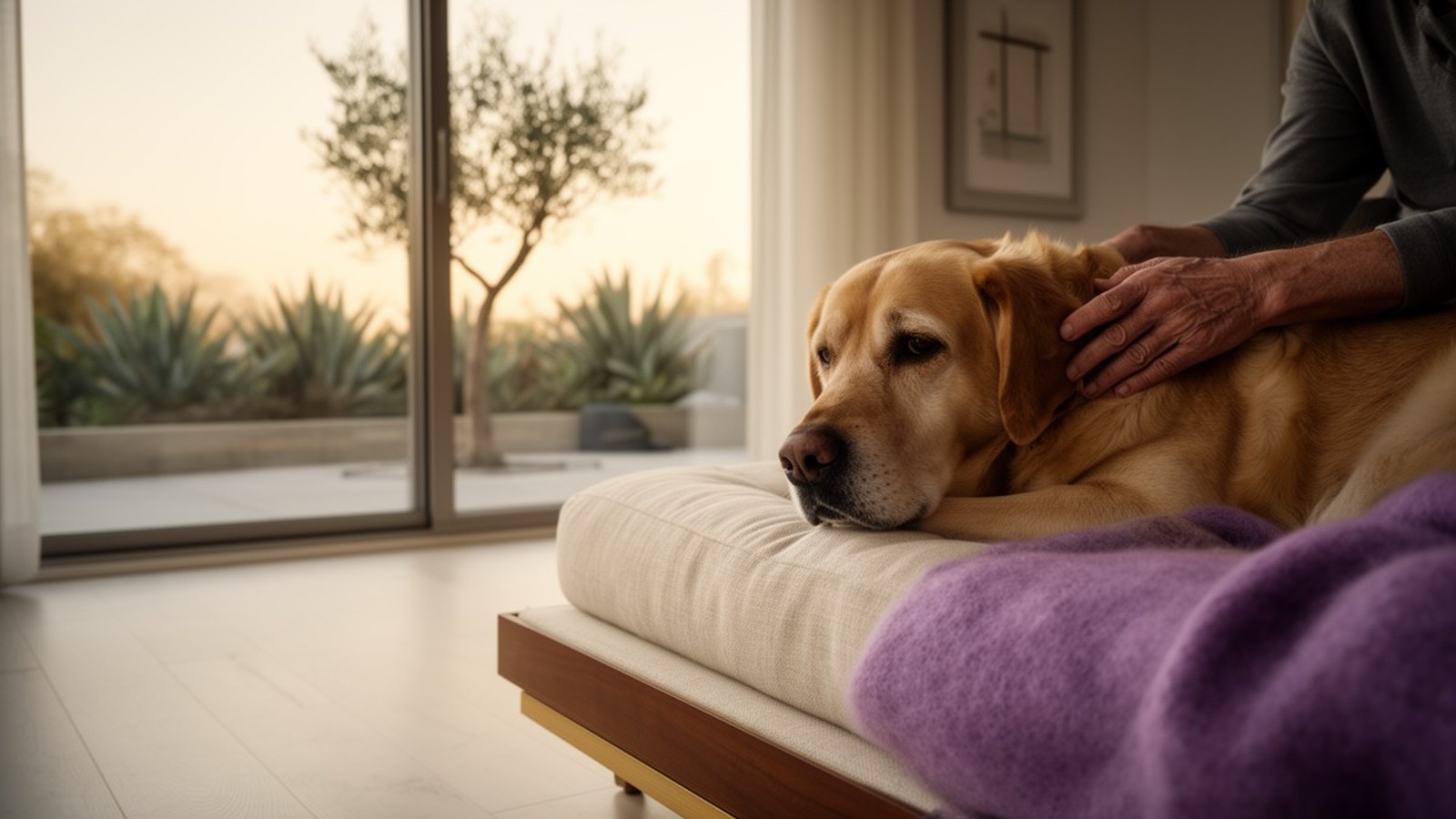 Senior golden labrador resting on a cream linen daybed in a California mid-century modern living room at golden hour · sliding glass doors to a succulent patio · hand of caregiver gently on the dog's shoulder · in-home pet euthanasia California