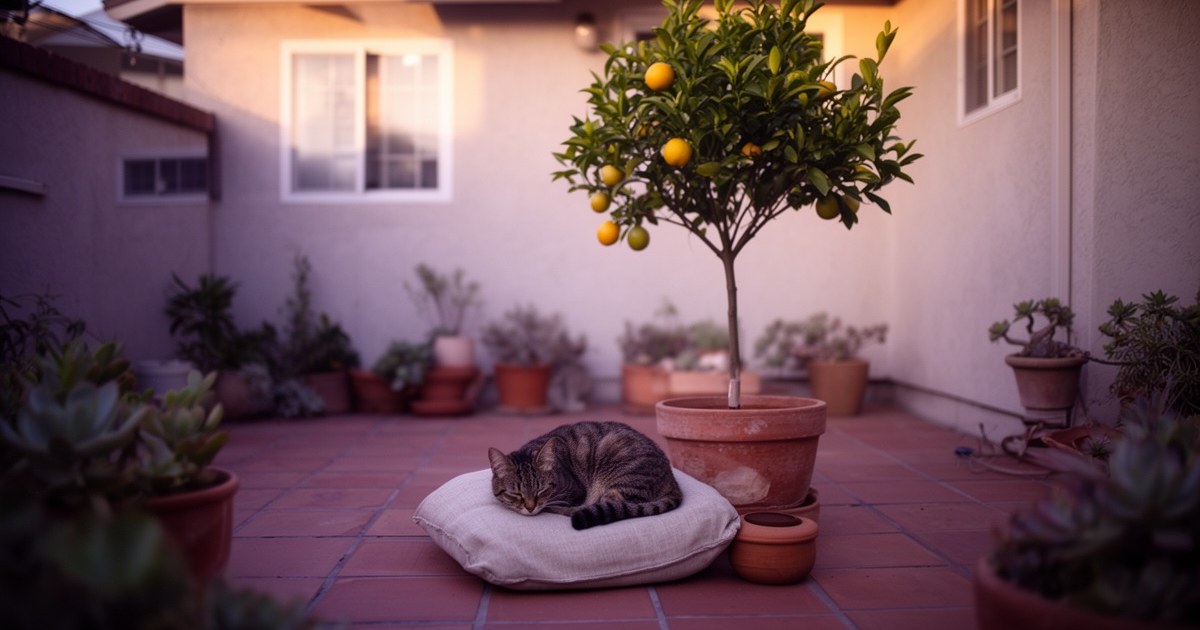 California stucco bungalow's back patio at golden hour · terracotta tile with succulents and a small Meyer lemon tree · tabby cat curled on natural-linen cushion · subtle California regional cues