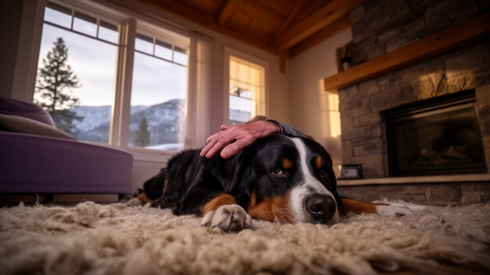 Senior bernese mountain dog resting on a wool rug in a Colorado craftsman bungalow living room at golden hour · ponderosa pine and Rocky Mountain ridge through plank-framed windows · hand of caregiver gently on the dog's back · in-home pet euthanasia Colorado