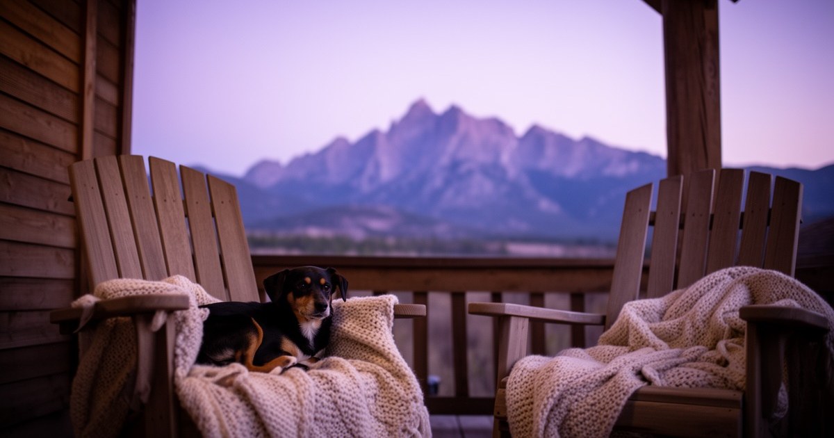 Colorado mountain cabin's covered front porch at dusk · two Adirondack chairs with wool blankets · small dog curled on a blanket · distant blue-purple Rocky Mountain ridge against pale lavender sky · subtle Colorado regional cues