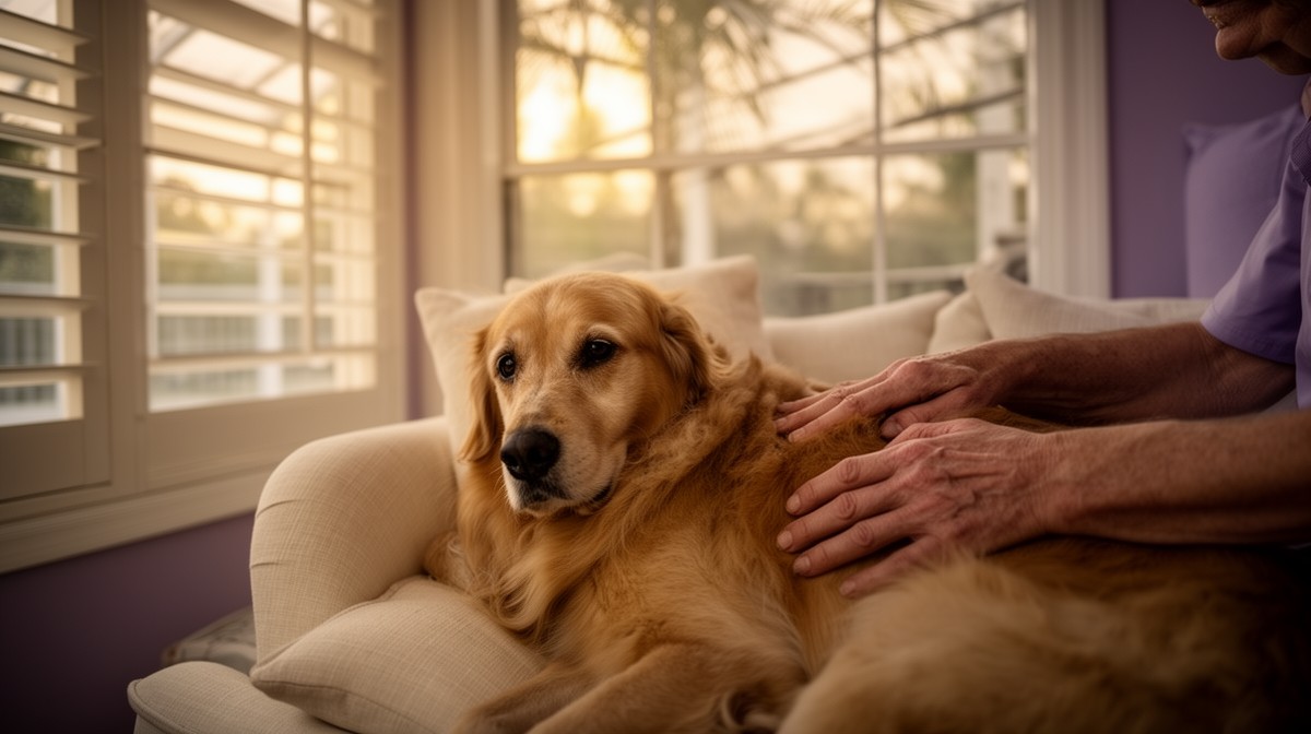 Senior golden retriever resting on a Florida sunroom couch at golden hour · palm silhouette through plantation shutters · hand of caregiver gently on the dog's back · in-home pet euthanasia Florida