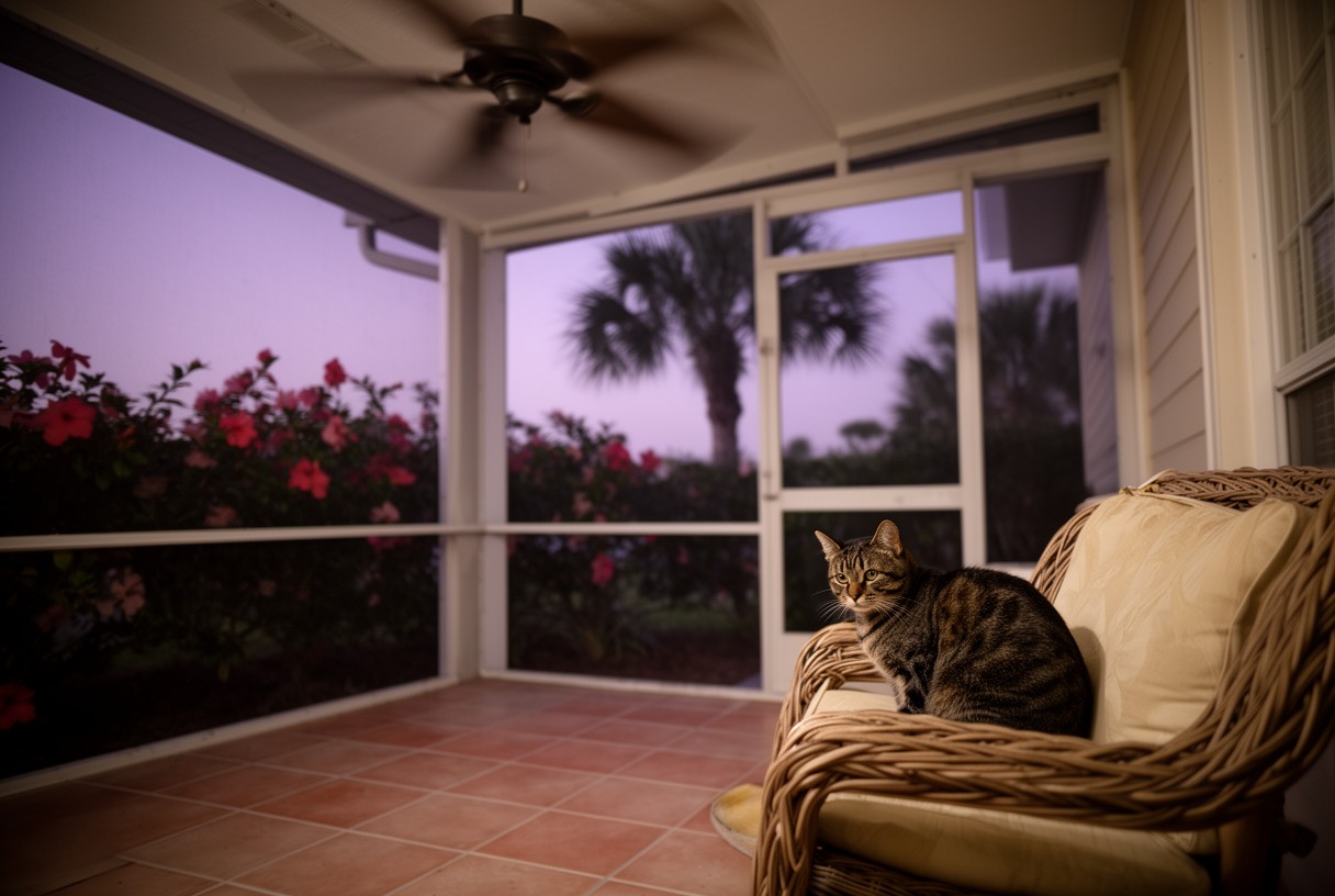 Florida bungalow screened lanai porch at dusk · hibiscus and palm silhouette · tabby cat on wicker chair · subtle Florida regional cues