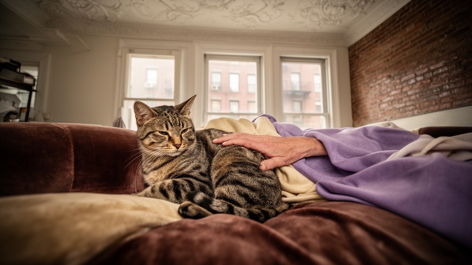 Senior tabby cat resting on a velvet sofa inside a Brooklyn brownstone living room at golden hour · hand of caregiver gently on cat's back · in-home pet euthanasia New York