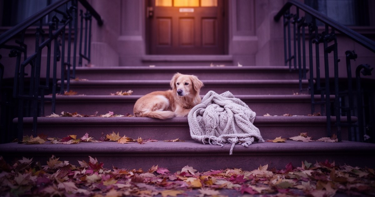 New York brownstone stoop at dusk in autumn · fallen maple leaves on limestone steps · golden retriever resting on top step · subtle New York regional cues